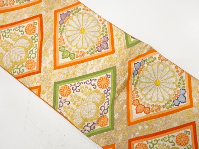 JAPANESE KIMONO / ANTIQUE FUKURO OBI / SILK / WOVEN KIKU & PAULOWNIA